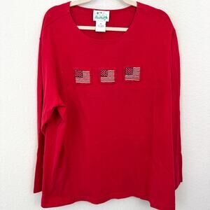 Quacker Factory Womens Long Sleeve T Shirt Top Size 2X Patriotic Flag Beaded Red